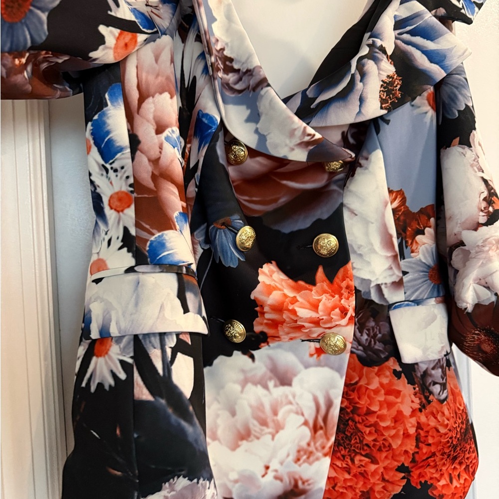 Boston Proper Black Floral Double-Breasted Blazer with Gold Buttons